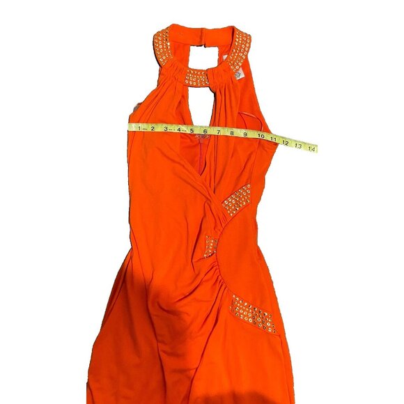 Caché cache y2k dress orange halter style ruched waist gold metal circles size S - Picture 6 of 8
